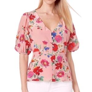 Yumi Kim Pink Floral Print Puff Sleeve Silk Blouse V-Neck Button Front Top S